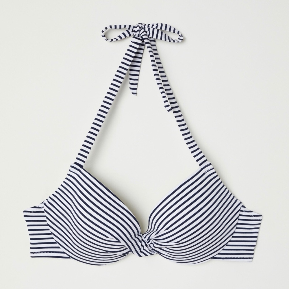 White and Black Striped Stripes Padded Bikini Top